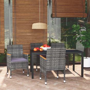 5-Piece Grey Poly Rattan Garden Dining Set with Cushions