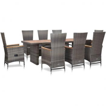 9-Piece Grey Poly Rattan Outdoor Dining Set with Cushions