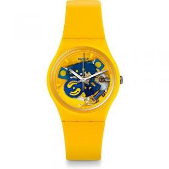 Reloj Unisex Swatch de 34 mm, Correa de Silicona Amarilla, Caja de plástico, Cuarzo Suizo, analógico GJ136