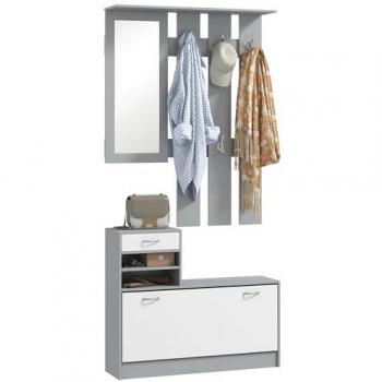 HOMCOM Recibidor de entrada con espejo, perchero y zapatero, mueble de recibidor de 2 piezas, 6 ganchos, estantes y cajón abatible, color gris oscuro