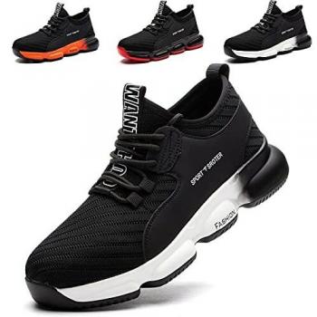 SROTER Unisex Zapatillas de Seguridad con Puntera de Acero Hombre Mujer Zapatos de Trabajo Transpirables Antideslizante Ligeras Comodas Zapatillas de Senderismo Negro Blanco 40 EU