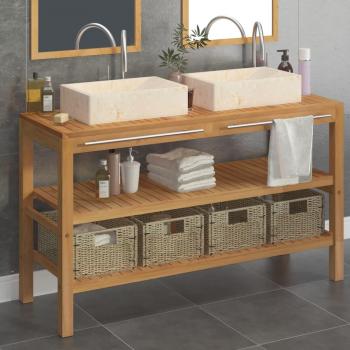 Mueble de baño de madera de teca con lavabos de mármol crema