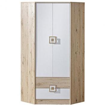 Armario de rincón Akron F102, Blanco y Roble Claro, 190x87x87cm, Con Bisagras y 3 Estantes