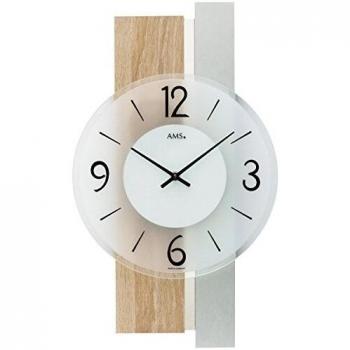 Reloj de pared AMS W9554, Quarzo, madera, 6 cm x 40 cm x 23 cm, color marrón y plateado
