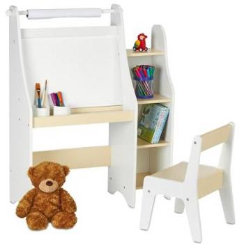Pizarra Infantil con Sillita, Estantería y Rollo de Papel, 90 x 72 x 30 cm, Pizarrón para Pintar Blanco/Beige - Relaxdays