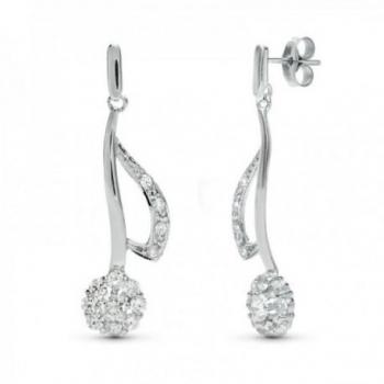Pendientes largos de oro blanco 18k con formas onduladas y circonitas