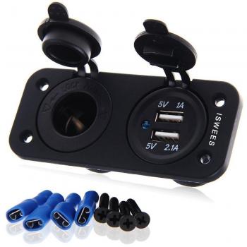 Cargador Coche,USB de Doble Puerto 12V/24V Enchufe de Encendedor de Cigarrillos Zócalo Adaptador Cargador para Coches,Motos,Motocicleta o Barco,Impermeable negro