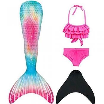 DNFUN Traje de baño de Cola de Sirena para niñas con Princesa de Sirena Traje de baño de Cosplay para Nadar con Bikini y Monofin, Juego de 4
