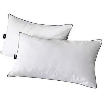 Amazon Brand - Umi Almohadas de Plumón y Plumas de Ganso Blanco con Bordes Grises con Cubierta de 100% Algodón, Anti-ácaros, Blanco, 48x74 cm, Pack de 2