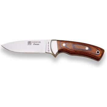 Cuchillo montero Joker Corzo CR23 con funda de cuero marrón y cachas de madera roja prensada, hoja MOVA de 10 cm - Ideal para pesca, caza, camping y senderismo