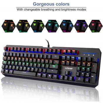 Teclado Mecánico Gaming,105 Teclas y Switches Blue con Cable y 6 Colores RGB Retroiluminado, Teclado Mecánico Español para Windows 2000/ XP/VISTA/7/8