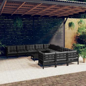 Muebles de jardín 12 pzas con cojines negro madera de pino