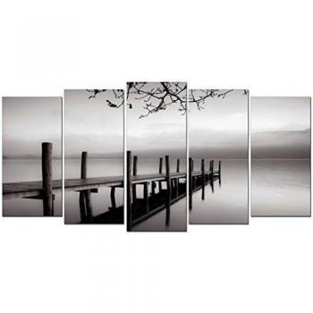 DekoArte 150 - Cuadros Modernos Impresión de Imagen Artística Digitalizada | Lienzo Decorativo Para Tu Salón o Dormitorio | Estilo Zen Blanco y Negro con Paisaje Embarcadero | 5 Piezas 200x100cm XXL