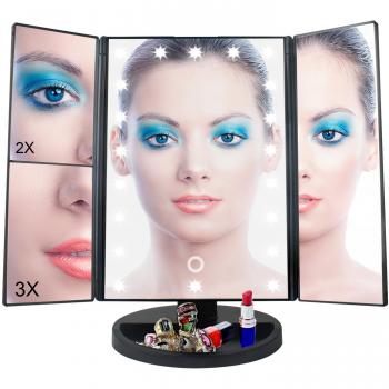 1x 2x 3x Aumentador Mesa LED Espejo de Maquillaje Plegable con Iluminación Led 22 Bombillas y Pantalla Táctil para Belleza USB y La Batería Tri-Fold Espejo Cosmético 28*16*23cm
