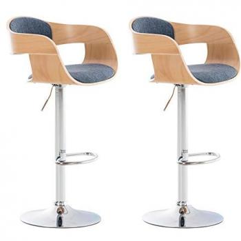 Set de 2 Taburetes Altos Kingston en Tela Natural/Azul, Estructura de Madera, Ajustables en Altura y Giratorios