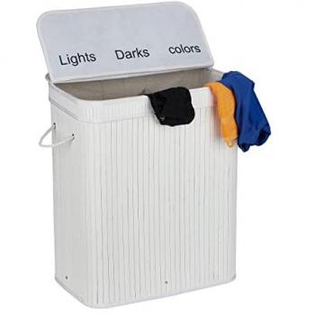 Cesto de Ropa Sucia de Bambú, 3 Compartimentos de 30 L, con Tapa y Asas, 63x55x35 cm, Colores a Elegir