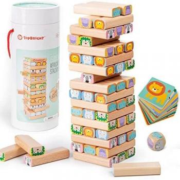 TOP BRIGHT Torre de Bloques de Madera Africa Safari – Juego de Mesa de Apilamiento 4 en 1 con Cartas, Guía de Construcción y Dado – Juego Educativo Familiar sobre Animales para Niños de 3+ Años