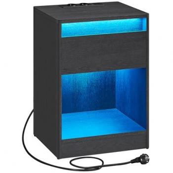 Mesita de Noche con Estación de Carga y Luces LED Ajustables, Cajón, 2 Tomas AC y 2 Puertos USB, Moderna, para Dormitorio y Salón, Negro Ceniza