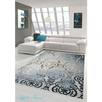 Alfombra de salón de diseño Moderno, Color Gris, Crema, Azul, Lana, Turquoise, 120 x 170 cm