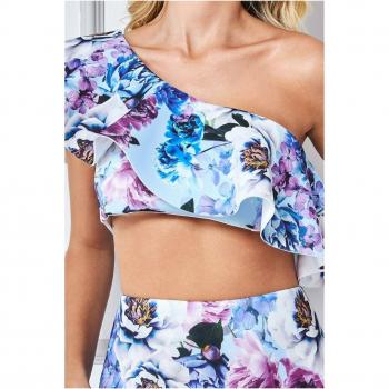 Goddiva One Shoulder Floral Crop Top - Light Blue, Size 14 UK