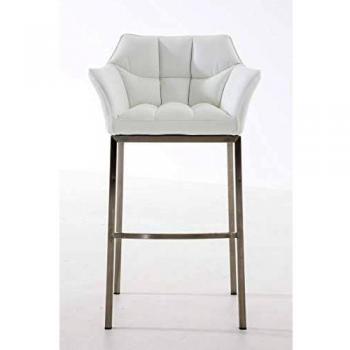 Taburete de Bar Damaso en Similcuero Blanco con Base de 4 Pies y Estructura de Acero Inoxidable, con Respaldo y Reposabrazos
