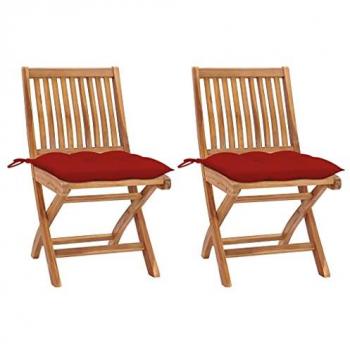Teak Wood Garden Chairs Set with Red Cushions - 2 Pieces