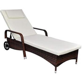 Brown Poly Rattan Sun Lounger with Cushion and Wheels