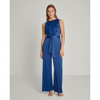 Mono largo semisatinado de pierna ancha sin escote y con drapeado, sin mangas, cuello redondo y cinturón para mujer - Trucco