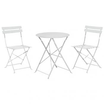 Conjunto de mesa y 2 sillas plegables de metal blanco, diámetro de mesa 60 cm