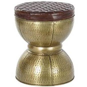 Mueble Auxiliar Dorado de Metal y Piel Marrón Oscuro (40 x 40 x 48 cm)