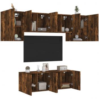 Mueble de TV de pared 6 piezas en madera de ingeniería color roble ahumado marrón