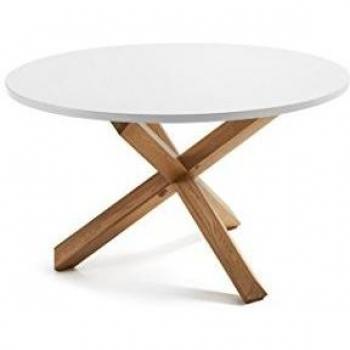 Kave Home - Mesa de Comedor Lotus Blanca Redonda Ø 120 cm de melamina con Patas de Madera Maciza de Roble