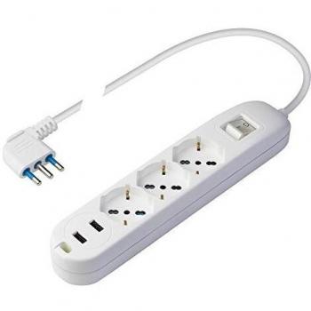 Multipresa Poly Pool PP2526 con 2 USB y 3 P40 Pluristandard, 16A, 1.5m de cable y interruptor, color blanco