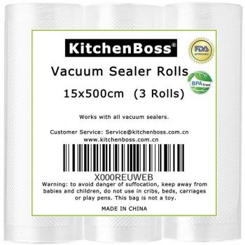 KitchenBoss Bolsas de Vacio 3 Rolls 15x500cm, Rollos de la Bolsa en Relieve de Grado Comercial para el Ahorrador de Alimentos y Sous Vide Cocina,Aprobación de la Fda y BPA Free