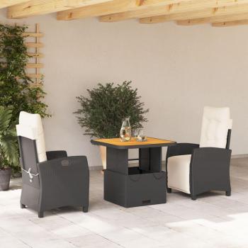 3-Piece Black Poly Rattan Garden Dining Set with Cushions