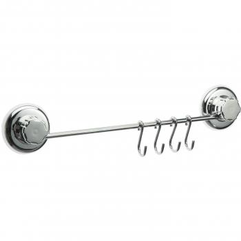 Toallero barra con 4 ganchos, Gama Bestlock chrome, Fijación mediante ventosa, Soporta hasta 12 kg, Color cromado y blanco, Fabricado en acero cromado antioxidante, Tamaño: 40 x 3 x 7,2 cm, RAN4711