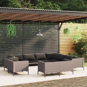 11-Piece Dark Grey Poly Rattan Garden Lounge Set with Cushions