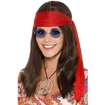 Smiffys-21338 Kit de Chica Hippy, con Peluca Larga marrón, Gafas, medallón con símbolo de la Paz y Rojo Banda para el Pelo, Color, Tamaño único