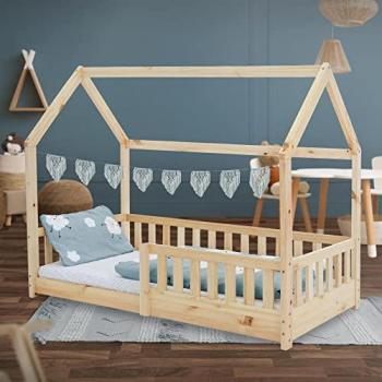 Cama Infantil de Pino Macizo 160x80cm con Protección Anticaída y Diseño de Casa