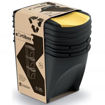 Set de 3 cubos de basura KEDEN SORTIBOX, 100% plástico reciclado, color negro, volumen total 75L (3x25L)