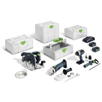 Set combinado a batería para construcción en madera HKC 55/TPC 18/AGC 18/TB M 137 - Festool - Incluye sierra circular de mano HKC 55, taladro de impacto inalámbrico T
