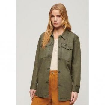 Superdry Women's Military Overshirt in Dusty Olive Green, Casual Long Sleeve Cotton Shirt, Size M