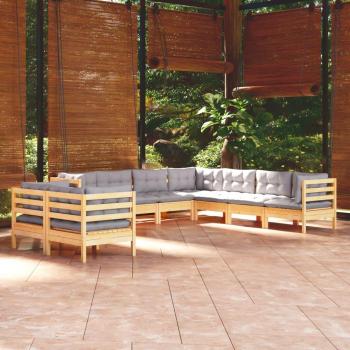 9-Piece Garden Lounge Set with Grey Cushions Solid Pinewood