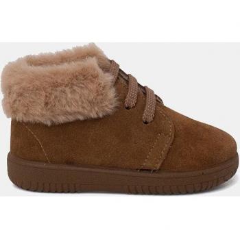 Botas de bebé niña de piel serraje con detalle de pelo en el cuello y cordones de raso