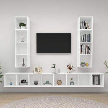 Muebles de salón de pared 4 piezas madera de ingeniería y aglomerado blanco para TV, Mueble Televisor, Mesa de TV