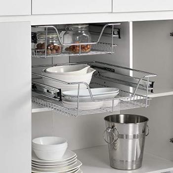 Set de 2 Cestos Extraíbles con Rieles Telescópicos de Acero Color Plata 57 x 44 x 14 cm para Cocina o Baño