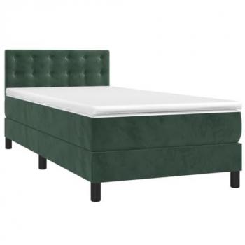 Cama box spring colchón y LED terciopelo verde oscuro 90x190 cm