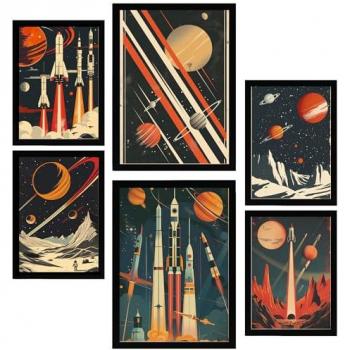 Set de 6 Pósters Vintage de Nave Espacial y Planetas en Tonos Rojos y Azules para Decorar Paredes del Hogar (A3 y A4, Sin Marco)