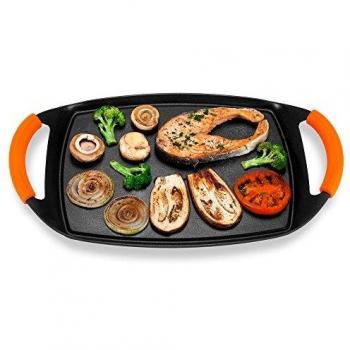 Novohogar Plancha Cocina de Aluminio Fundido para Vitrocerámica e Inducción con Mangos de Silicona Naranja. Plancha de Asar, Grill y Parrilla con Recubrimiento Antiadherente y Fondo Capsulado