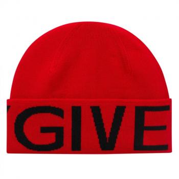 Givenchy Red Wool Logo Beanie Hat for Men - One Size